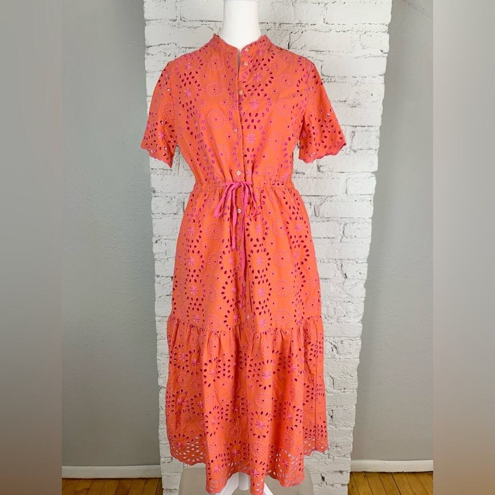 Vilagallo Aroa Sangallo Tiered Eyelet Lace Pink Mandarin Collar Midi Dress 40 M